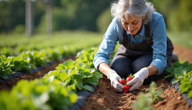 Senior woman tending strawberry plants in garden. She carefully harvests ripe berries while wearing gloves, apron. This illustration represents healthy aging active lifestyle, connection with nature.