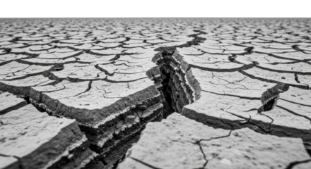 Extreme close-up macro of a parched, dramatically cracked earth surface with deep fissures, granular topsoil, and stratified layers, isolated on a transparent studio background with sharp focus,