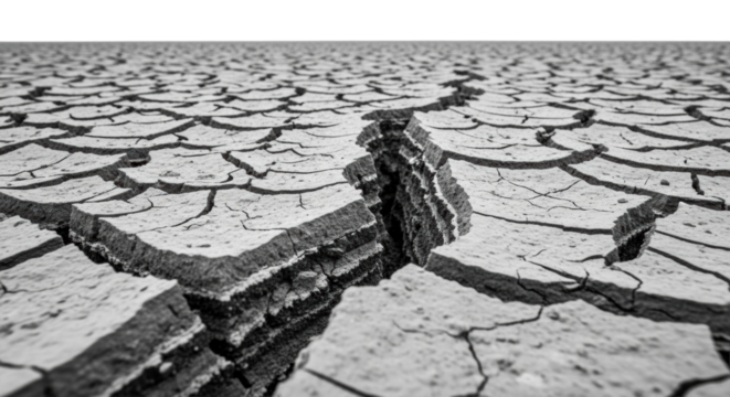 Extreme close-up macro of a parched, dramatically cracked earth surface with deep fissures, granular topsoil, and stratified layers, isolated on a transparent studio background with sharp focus,