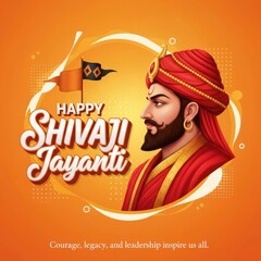 Illustration of Shivaji Maharaj in red attire with turban and flag jayanti happy