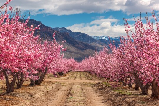 Vibrant Spring Blossoms in Peach Orchards of Palisade Colorado - A Blooming Agriculture Haven - Powered by Adobe