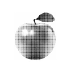 Black and white halftone illustration of an apple with a leaf. Retro pop art style symbolizing health, freshness, and nature in minimalist design.