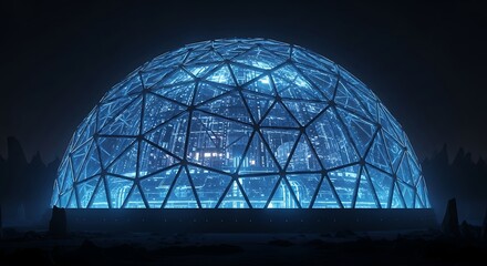 A futuristic geodesic dome illuminated with blue light in a dark and mysterious environment outside