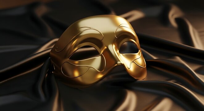 A shiny golden venetian mask resting elegantly on a draped black satin fabric surface with soft lighting