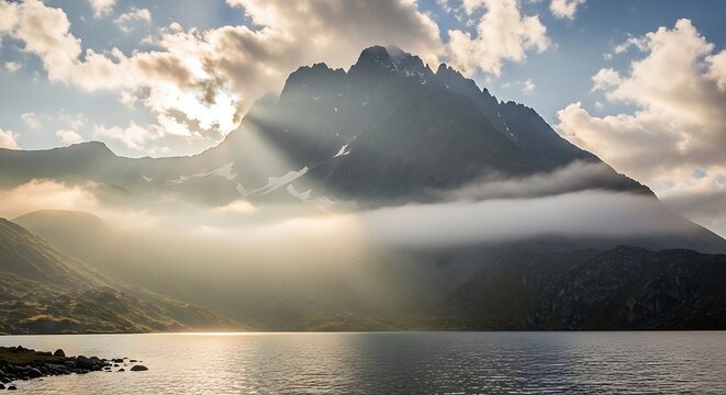 A scenic view of a mountain range with clouds and sunlight reflecting on a calm body of water below it