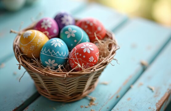 Wicker basket holds colorful painted easter eggs with floral designs. Eggs rest on straw filler, sit on a blue wooden surface. Spring holiday decor.