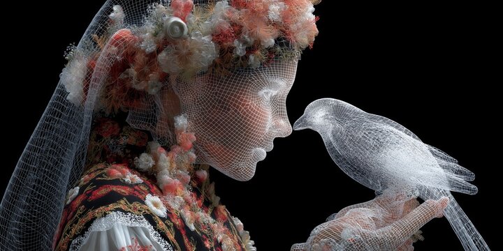 Conceptual digital art blending technology and nature, featuring a wireframe woman with floral accents and a wireframe bird, ideal for innovation or beauty campaigns