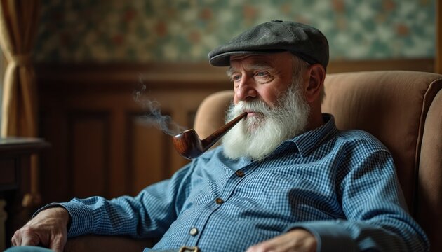 Elderly man with white beard sits in comfortable armchair. Smokes pipe, resting, relaxing at home. Senior person in flat cap enjoys quiet leisure time indoors. Thoughtful older adult shows pensive