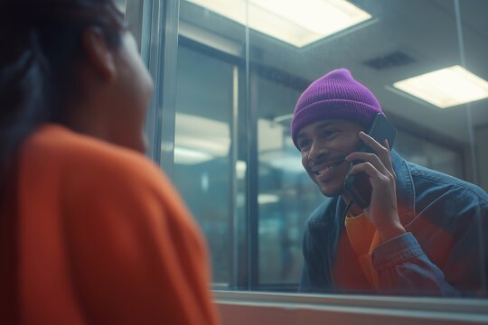 Man Smiling During a Prison Visit, Talking on the Phone