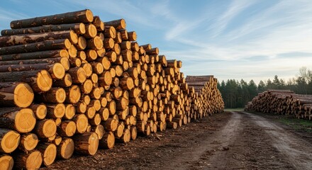 Massive piles of recently harvested timber logs stacked symmetrically outdoors in a sunny woodland area awaiting processing or transport ,large ,lumber ,firewood