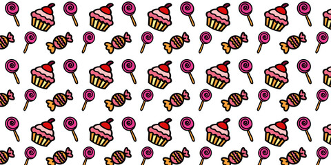 Vibrant pixel art pattern displaying delightful sweet treats cupcakes, lollipops, and wrapped candies, perfect for whimsical digital designs