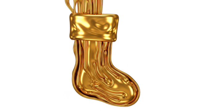 Golden flowing liquid christmas stocking. a luxurious festive sock made of molten precious metal, ideal for holiday celebration designs. isolated on transparent background
