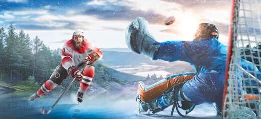 Hockey players in action on the ice. Outdoor game. Sports. Hockey match. A large hockey rink in the middle of an forest. Hockey concept. Panorama