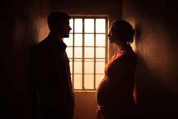 Silhouette of a Pregnant Couple Facing Each Other by a Window