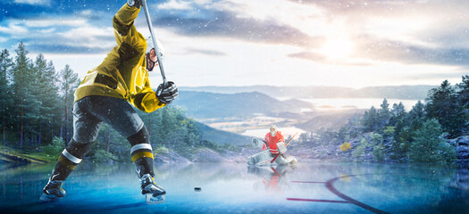 Hockey players in action on the ice. Outdoor game. Sports. Hockey match. A large hockey rink in the middle of an forest. Hockey concept. Panorama