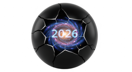 Emerging 2026 future concept breaking through a fractured black sphere revealing a vibrant galaxy, symbolising new beginnings and cosmic evolution. isolated on transparent background