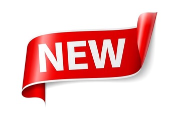 A vibrant red ribbon banner prominently displays the word new in bold white lettering signaling a recent introduction or update