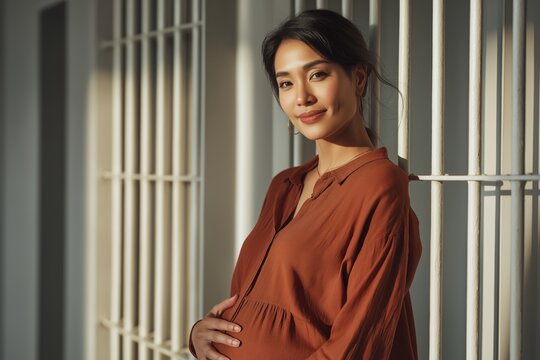 Hopeful Asian Pregnant Inmate by a White Prison Cell Wall - Powered by Adobe