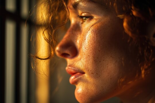 Close-up Profile of a Woman's Face in Golden Sunlight