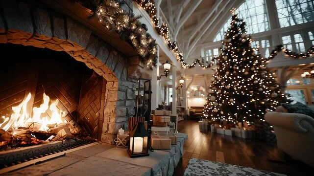 Warm fire crackles in stone fireplace beside beautifully decorated Christmas tree. Spacious living room features large windows with natural light
