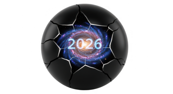 Emerging 2026 future concept breaking through a fractured black sphere revealing a vibrant galaxy, symbolising new beginnings and cosmic evolution. isolated on transparent background