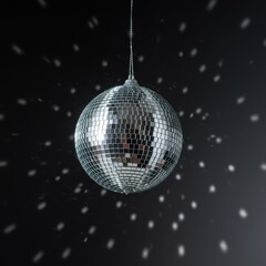 Fototapeta premium Reflective silver disco ball decoration suspended in mid-air, catching ambient light for a festive, celebratory mood ,hanging, shimmer, light
