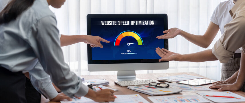 Computer software evaluating website loading speed. Concept of improving website loading speed brisk.