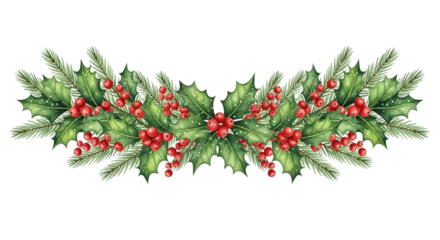 Watercolor christmas garland with pine branches, holly leaves, and red berries