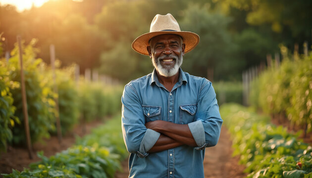 Elderly Black farmer wears straw hat, denim shirt, smiles in rich garden. Man stands proudly among green plants, rows of crops. Enjoys sunny outdoor farm life, confident in agriculture work, farming.