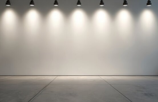 Large empty room with white wall and concrete floor. Several spotlights shine on wall. Blank interior space for exhibition, presentation or advertising.