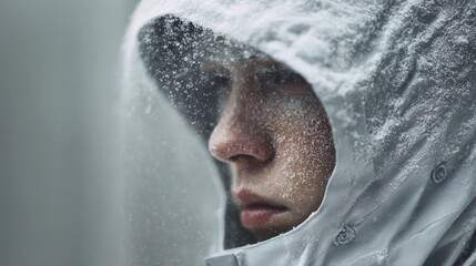 Modern Inuit-inspired smart parka wearer faces extreme cold, highlighting advanced winter gear in harsh, snowy climate