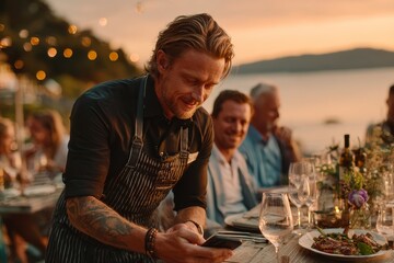 Tattooed man in striped apron serves food to guests at outdoor dinner party during sunset, evoking relaxed social dining experience in scenic setting