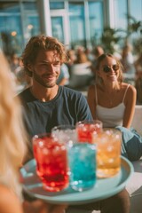 Futuristic hospitality scene with android waiter serving vibrant drinks to cheerful customers in contemporary indoor restaurant environment