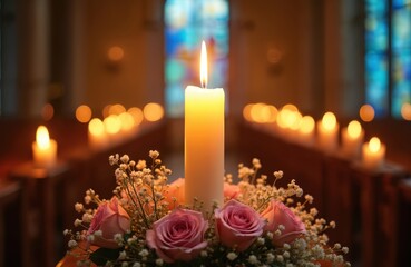 Lit Paschal candle glows brightly inside church during Easter service. Rows of blurred candles and floral arrangement decorate the altar. Stained glass window adds color to the solemn scene.