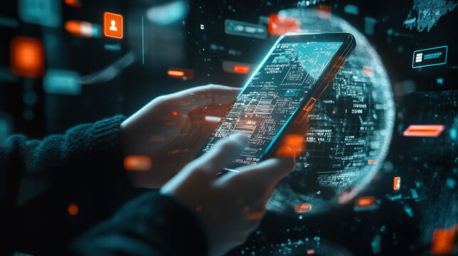 Digital interaction with futuristic technology in a cybernetic environment during nighttime