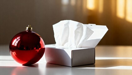 A red Christmas ornament next to a box of tissues. Concept for holiday sadness, sickness, or depression during the festive season