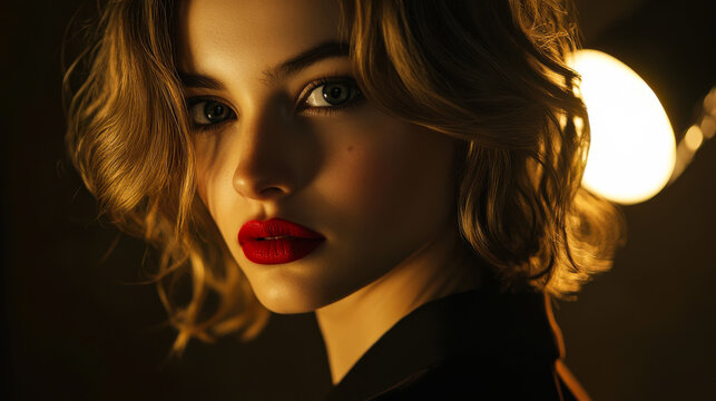 Woman with striking red lips and wavy hair poses gracefully in an intimate setting at dusk