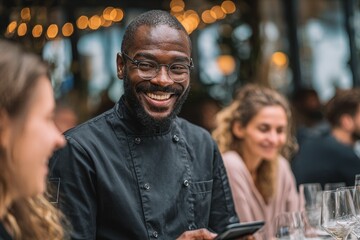 Smiling African American waiter in modern restaurant serving wine to diverse patrons under cozy lighting, representing hospitality and upscale dining culture