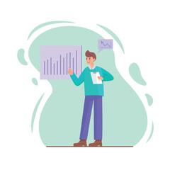 The man standing in front of the chart analyzes the sales growth