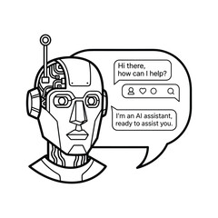 Robot head with speech bubble offering assistance