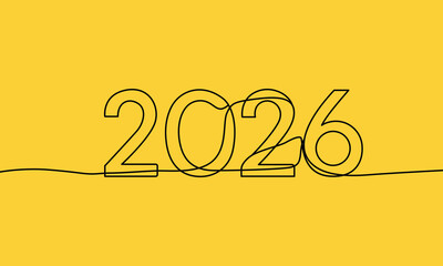 Continuous line drawing of 2026 on yellow background minimal style