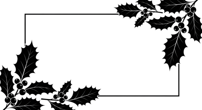 A decorative black and white border with holly leaves and berries, suitable for christmas or winter themes