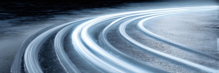 Glowing Tire Tracks Illuminate Icy Road Surface at Night, Showcasing Winter Driving Challenges and Safety
