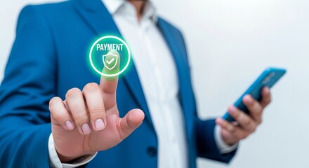 A man in a blue suit uses a smartphone to initiate a secure payment process with a digital interface.