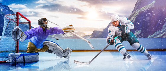 Hockey players in action on the ice. Outdoor game. Sports. Hockey match. A large hockey rink in the middle of an forest. Hockey concept. Panorama