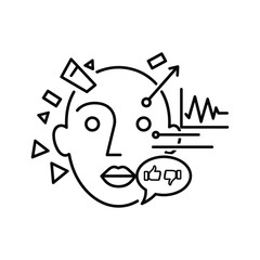 Stylized head profile with abstract elements representing thought process, data analysis, and social media feedback