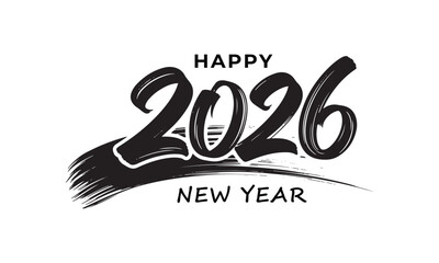 Happy New Year 2026 Brush Stroke Design on White Background
