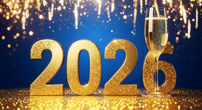 Golden 2026 numbers with champagne and fireworks for new year s eve celebration