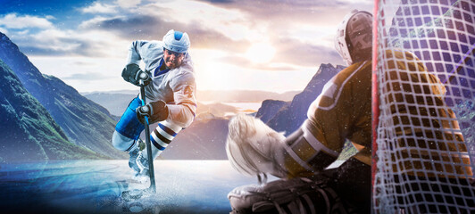 Hockey players in action on the ice. Outdoor game. Sports. Hockey match. A large hockey rink in the middle of an forest. Hockey concept. Panorama