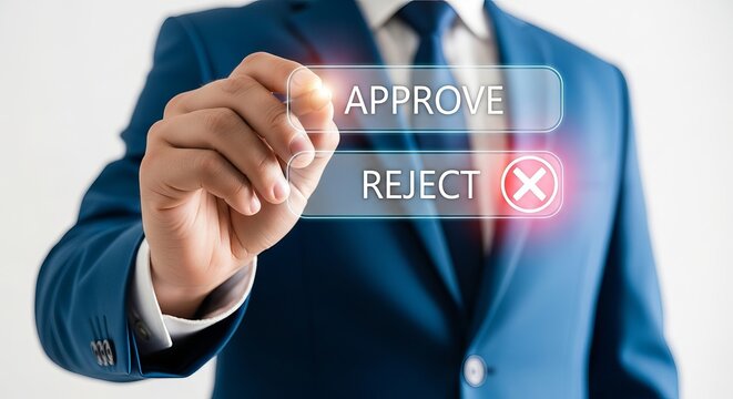 A businessman in a blue suit using a virtual interface to make decisions with 'Approve' and 'Reject' options. - Powered by Adobe